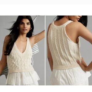 Anthropologie Ivory Cable Knit Twofer Sleeveless Sweater
